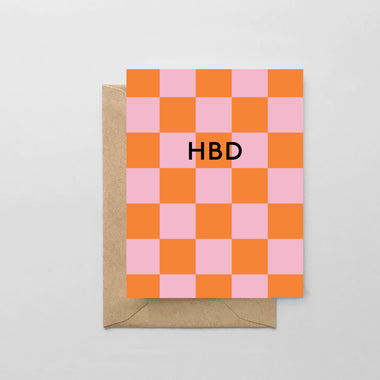 HBD Pink and Orange Check - Greeting Card
